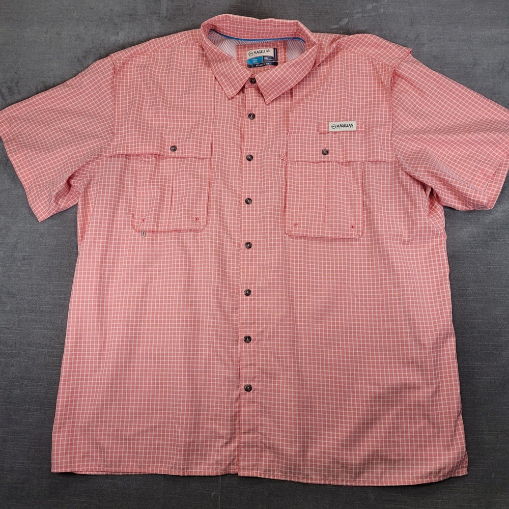 Magellan Outdoors Fish Gear Shirt Mens 3XL Red White Plaid Relaxed Fit SS Button